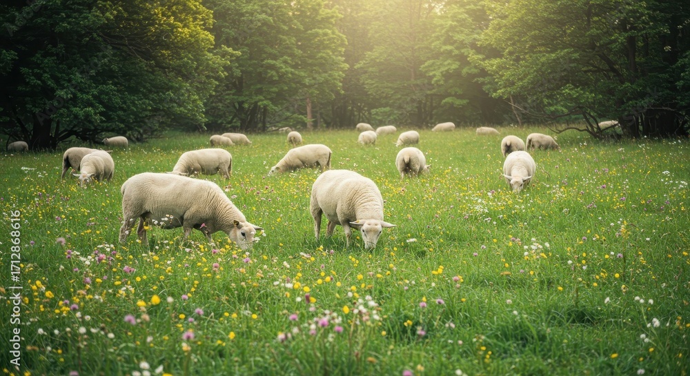 Obraz premium A picturesque meadow scene showcases a flock of sheep grazing peacefully amidst vibrant wildflowers, bathed in the soft sunlight of a serene summer day.