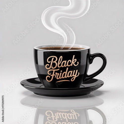 A steaming cup of black coffee on a saucer, with black friday written on the cup, symbolizing a warm beverage during a major shopping event