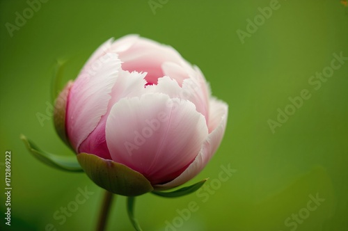 Big Peony Flower Bud Against Green Backdrop