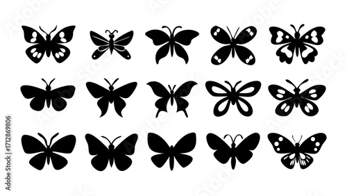 Collection of fifteen elegant black butterfly silhouettes for versatile design applications