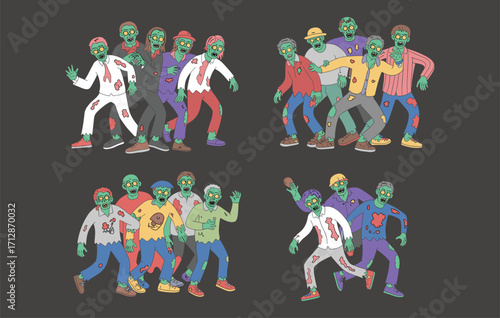 Halloween zombie characters vector illustration set, scary undead monsters, creepy walking dead group, spooky horror creatures, apocalypse theme artwork, scary cartoon design, isolated background