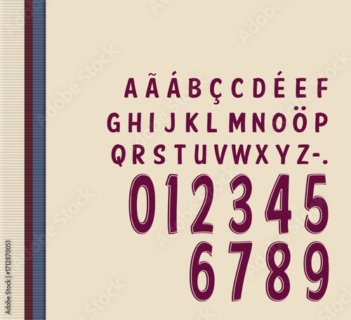Stylized vector alphabet with accented uppercase letters and tall numeric set, crafted in bold maroon shade. Ideal for creative fashion graphics, poster layouts, athletic prints, and editorial design