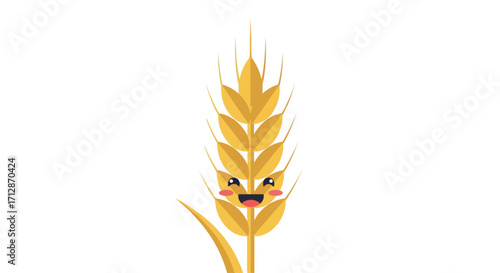 A cheerful cartoon wheat stalk with a smiling face and rosy cheeks, isolated on a white background.