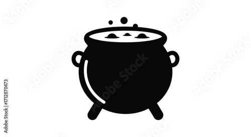 A simple black and white illustration of a bubbling cauldron with handles