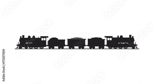 A silhouette of a vintage steam train with multiple carriages shown
