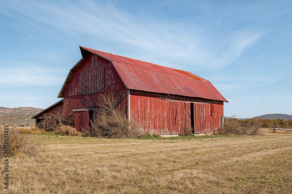 Obraz premium Spacious vintage crimson barn in rural area