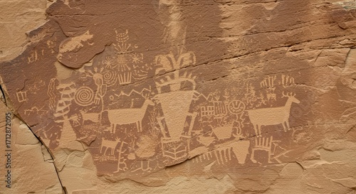Petroglyphs depicting various animals and symbols adorn a large rock face.