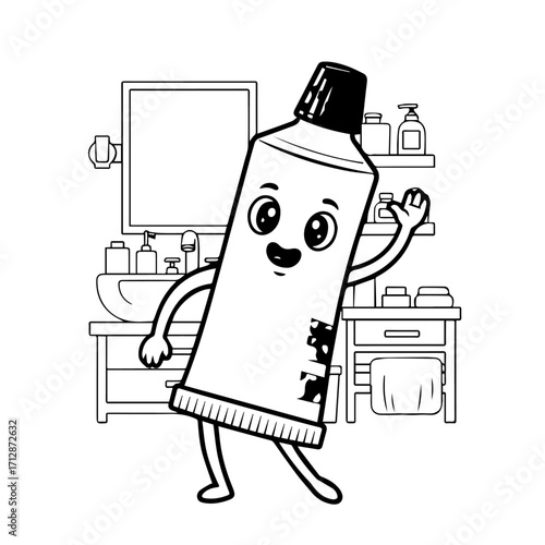 Cheerful Cartoon Toothpaste Tube with Smiling Face and Waving Hand in Bathroom Setting.