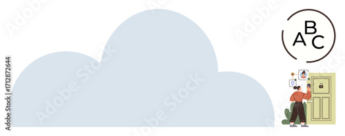 Person interacting with locked door, decision points, process visuals, and cloud highlight data management, logical workflow, digital organization. Ideal for security, productivity, access control