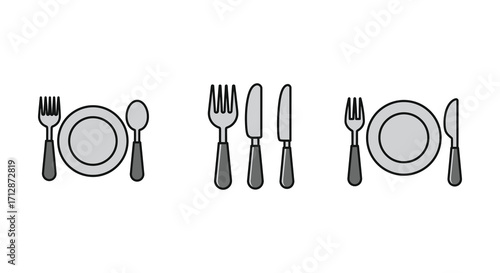 Simple black and white illustration of dinner table settings with cutlery