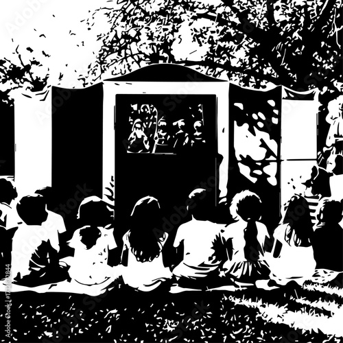 Children Watching a Puppet Show in a Black and White Outdoor Setting.