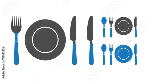A simple arrangement of blue flatware and gray and blue plates