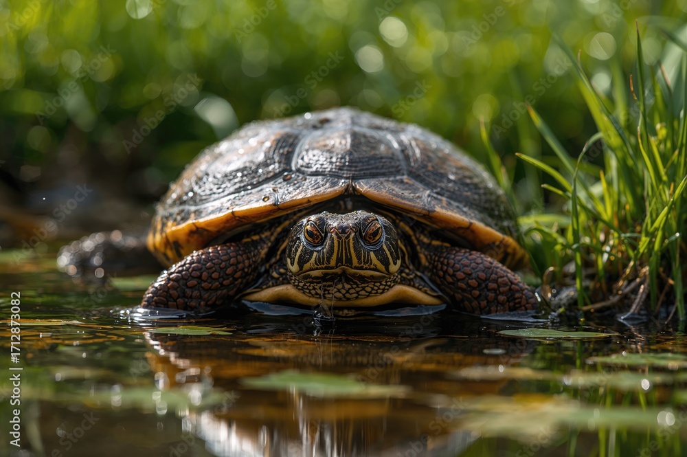 Fototapeta premium Turtle climbing out of water onto the greenery