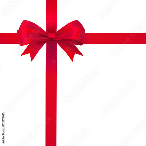 Red ribbon bow and cross gift wrap isolated on white background. Elegant decoration for presents, holidays, celebrations, Christmas, New Year, wedding, and birthday packaging design.