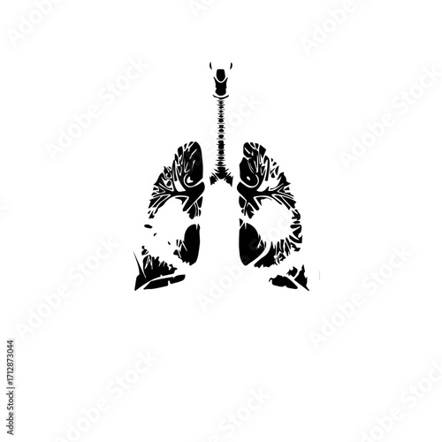 Detailed Black and White Anatomical Illustration of Human Lungs and Airways.