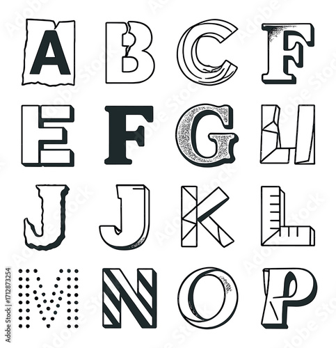 Artistic uppercase alphabet design with unique textures and styles