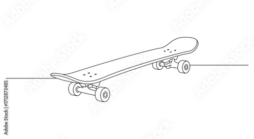 Simple line drawing of a skateboard with trucks and wheels depicted