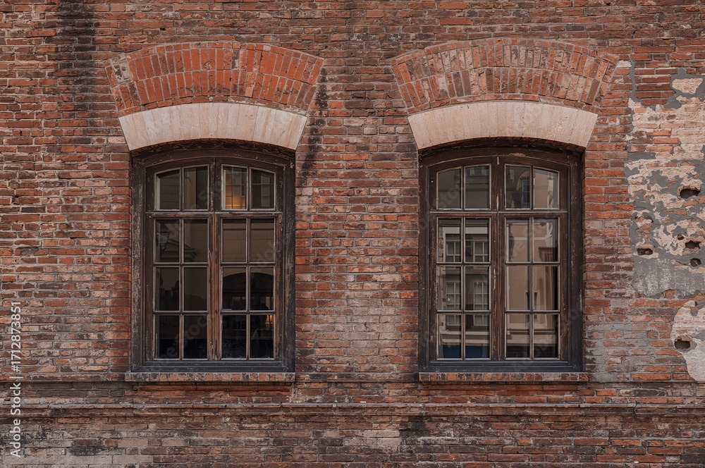 Fototapeta premium Pair of three-paneled mullioned windows set in an aged brick facade