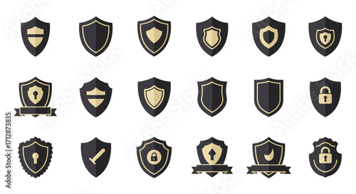 Collection of diverse black and gold shield icons with security symbols