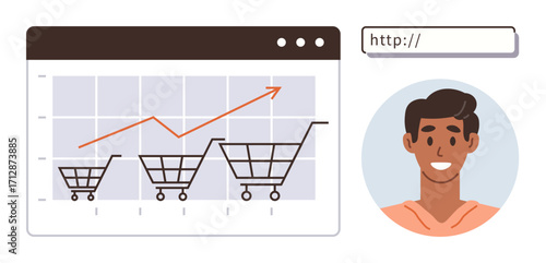 Shopping carts on a growth graph with upward trend lines, browser bar, and user avatar. Ideal for online shopping, e-commerce, analytics, marketing, customer data, growth strategy simple flat