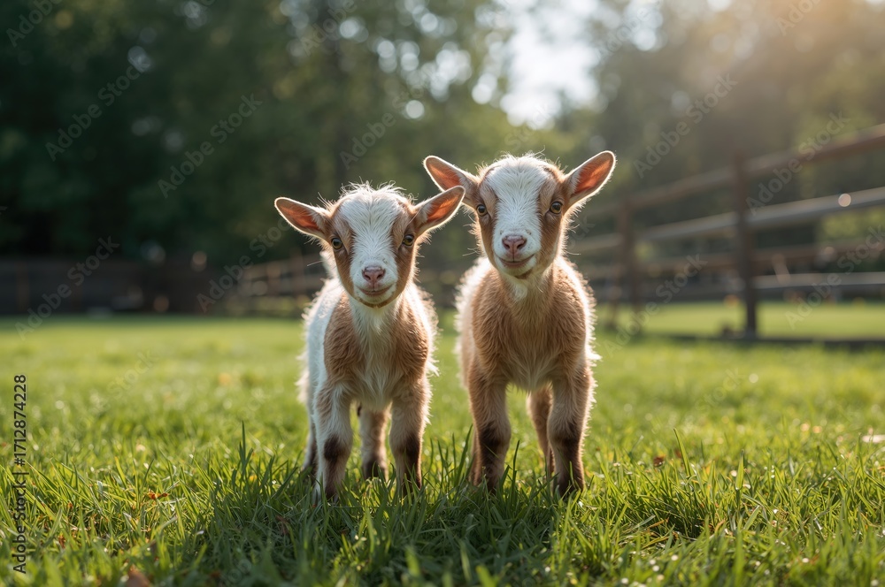 Obraz premium Two youthful goat kids during summertime on a livestock ranch.