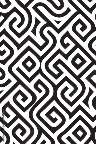 Intricate black and white geometric maze pattern with a textured woven appearance creating a visually complex and captivating abstract background design
