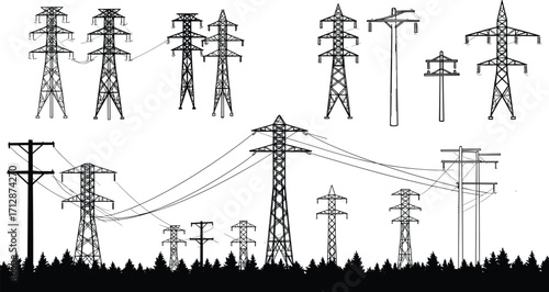 Electrical tower silhouettes, utility pole designs, power line infrastructure, black and white illustration, energy grid, urban planning, engineering reference