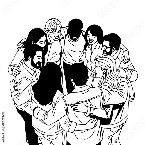 Group of Diverse People Embracing in a Circle Smiling and United.