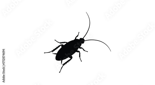 A simple black silhouette of a cockroach on a white background