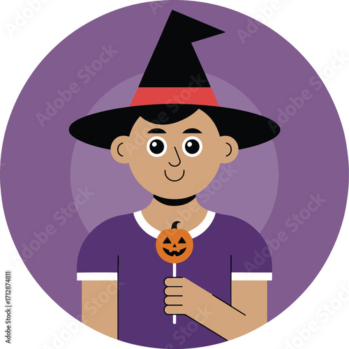 Boy in Witch Hat with Pumpkin Lollipop – Halloween Cartoon Vector Illustration