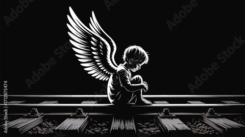 Angel boy with wings sadly sits on train tracks in monochrome illustration, evokes sadness, hope, and memory