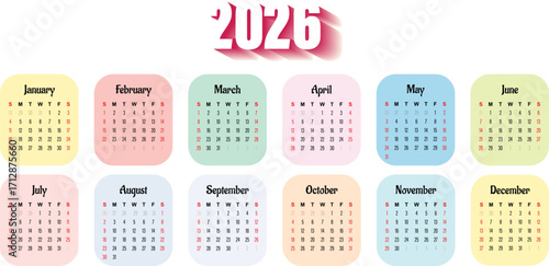 calendar for 2026, on white background, vector. eps10