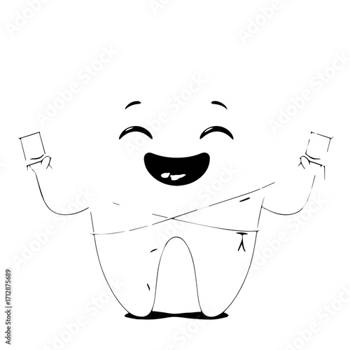 Happy Cartoon Tooth Character with Arms Raised and Joyful Expression Smiling.