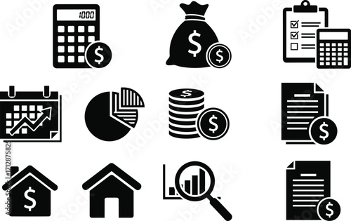 Finance and accounting icon set, budget planning, tax documents, investment analysis, savings, calculator, financial growth, home loan, money management