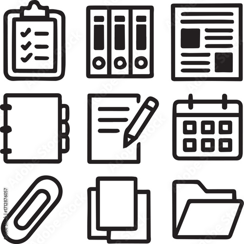 Set of 9 bold black-and-white office supply icons—minimalist vector grid for organization, productivity, and workplace design