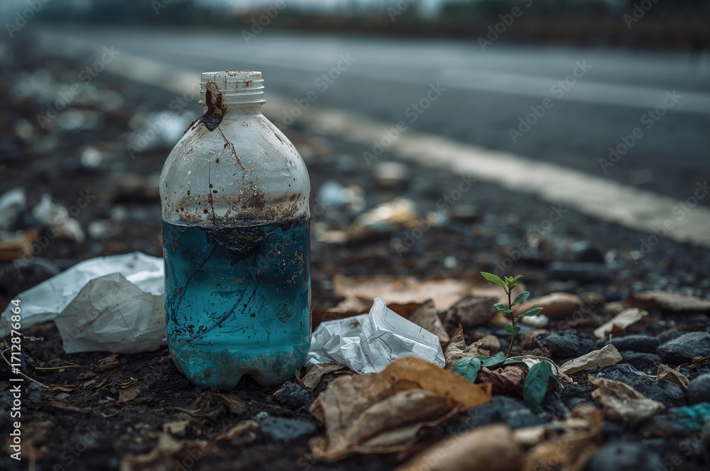 Obraz premium Close-up of a grimy plastic bottle with blurred background