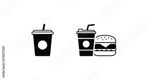 Simple black and white icons depicting a burger and two drinks