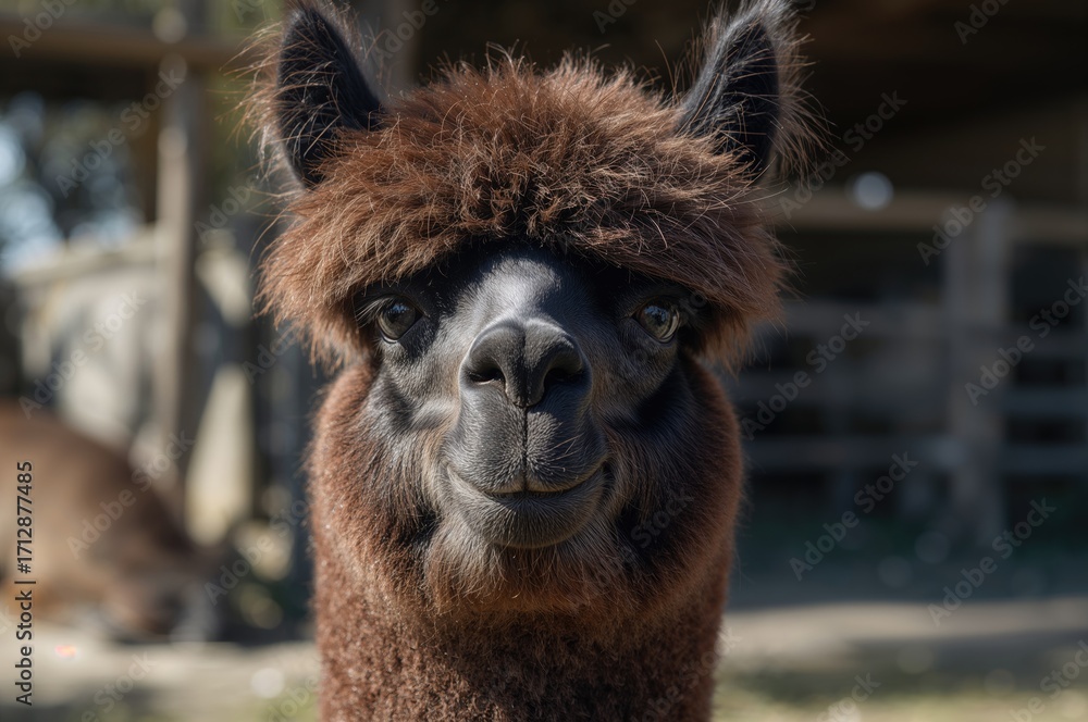 Obraz premium Humorous portrait of a shaggy brown animal with a quirky expression, captured outdoors on a bright sunny day