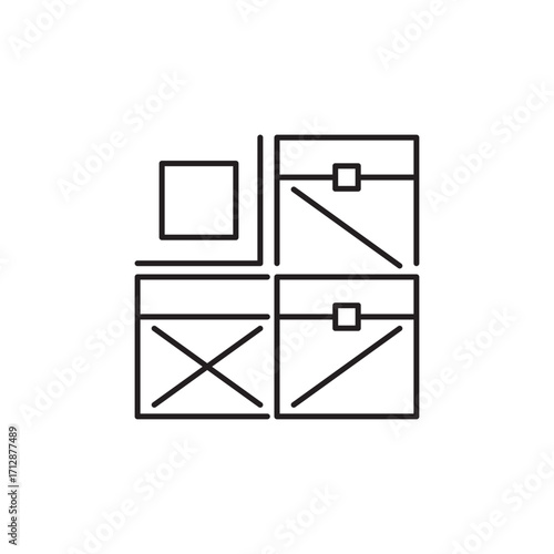 Minimal line icon of stacked boxes, symbolizing storage, warehouse, logistics, inventory management, distribution, shipping, supply chain, packaging, retail, and product delivery services.