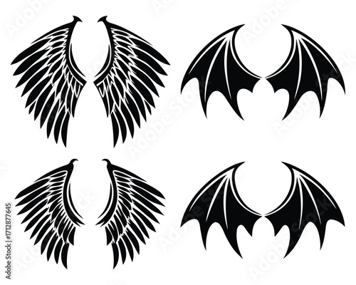 Angel Wings and Devil Wings Vector Illustration, Fantasy Design Elements, Black and White