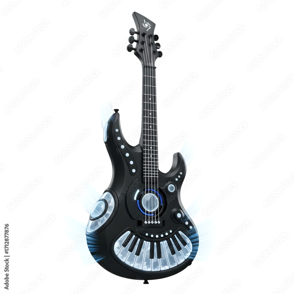 Naklejka premium A futuristic black electric guitar with glowing blue accents and piano keys, isolated on transparent background
