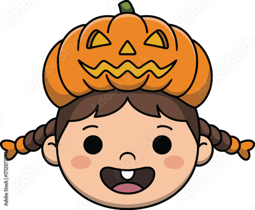 Happy Girl with Pumpkin Hat – Cute Halloween Cartoon Vector Illustration Isolate on White Background 