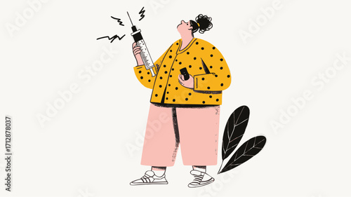 Playful vector illustration of woman with oversized syringe symbolizing weight loss treatment concept