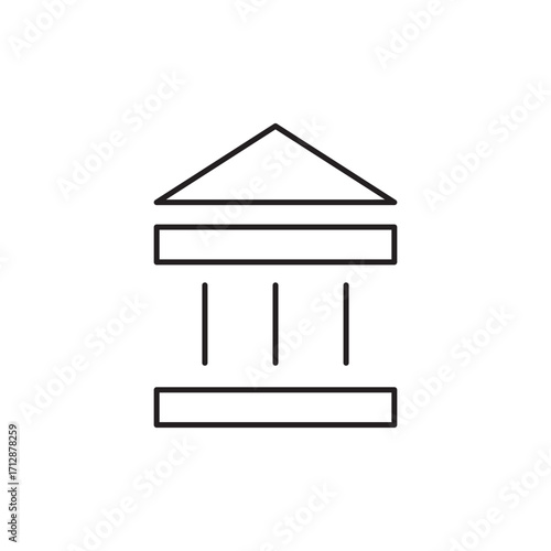 Minimal line icon of a classical bank building with pillars, representing finance, government, savings institution, economy, legal system, law, court, business, investment, and financial authority.