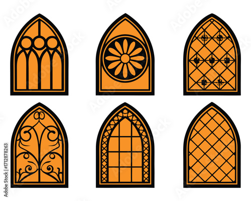 Collection of Six Gothic Arch Window Designs with Black Borders and Orange Fill