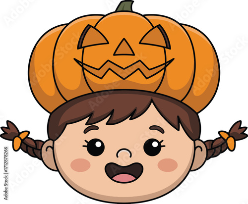Happy Girl with Pumpkin Hat – Cute Halloween Cartoon Vector Illustration Isolate on White Background 