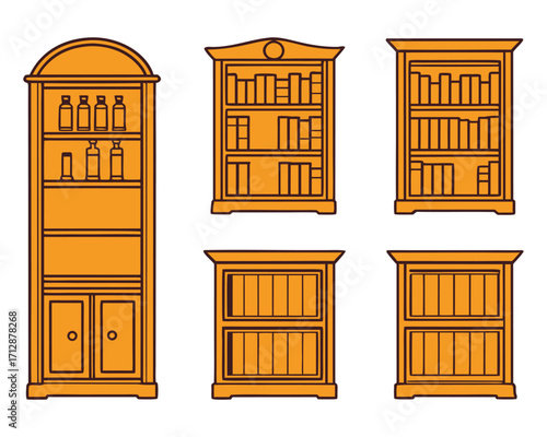 Orange Bookcases with Shelves: Illustration of Stylish Storage for Books and Decorations