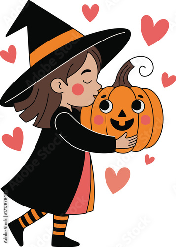 Witch Girl Kissing Cute Pumpkin – Halloween Cartoon Love Vector Illustration