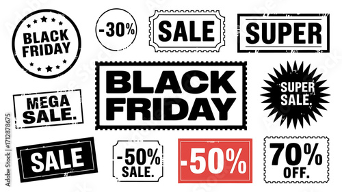 Vector art of collection of black and white sale and discount stickers including black friday, super sale, mega sale, and percentage off offers