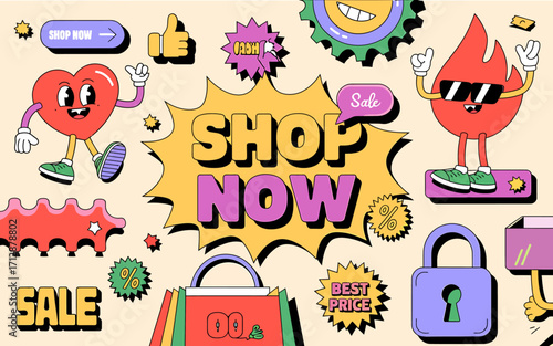 Vector art of collection of retro cartoon characters, sale tags, and shopping bags for online promotion